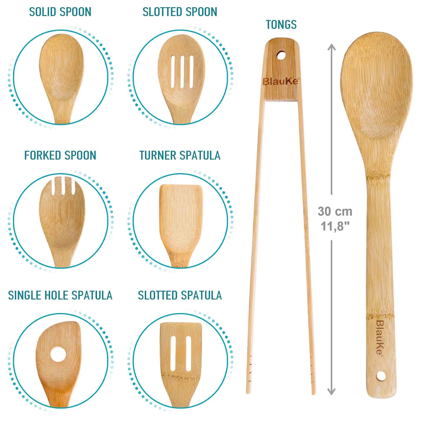 Wooden Spoons for Cooking 7-Pack - Bamboo Kitchen Utensils Set